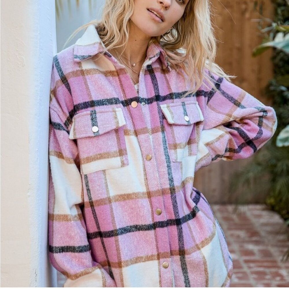 Lulu’s- “Choose Your Vibe” Pink Shacket Full Button Down Plaid Oversized- Size M